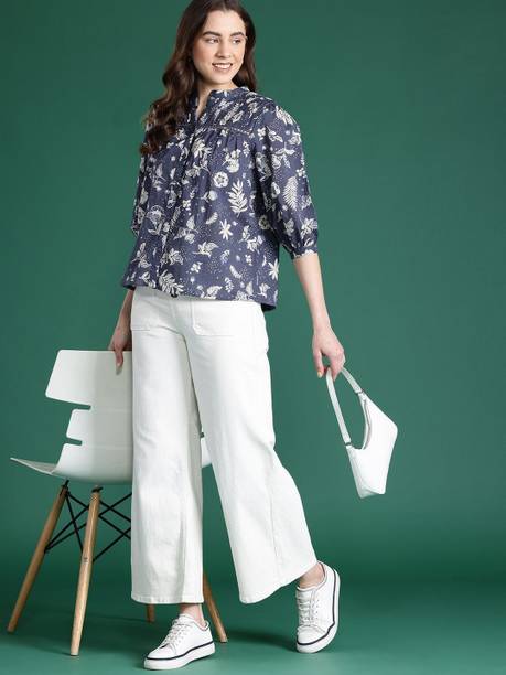 Casual Puff Sleeves Printed Women Grey Top
