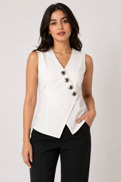 Casual Sleeveless Embellished, Solid Women White Top
