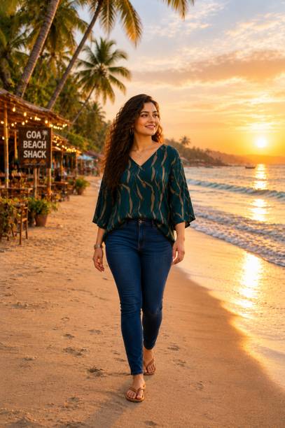 Casual Kaftan Sleeve Printed Women Dark Green, Light Green Top