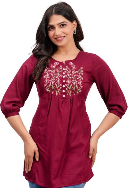 Party Regular Sleeves Embroidered Women Maroon Top