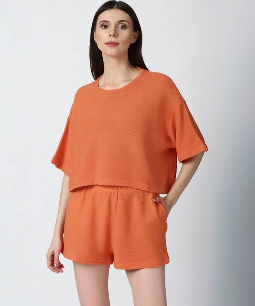 Casual Regular Sleeves Self Design Women Orange Top