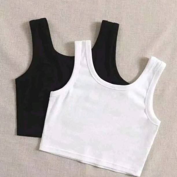Pack of 2 Casual Shoulder Straps Solid Women Black, White Top