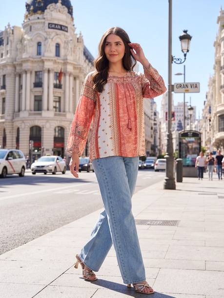 Casual Bell Sleeves Printed, Floral Print, Ethnic Motifs Women Multicolor Top