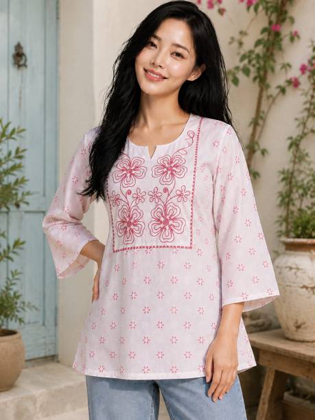 Casual Bell Sleeves Embroidered, Printed Women White, Pink Top