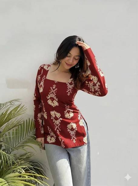 Party Regular Sleeves Ethnic Motifs Women Maroon Top