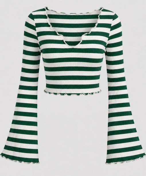 Casual Layered Striped Women Green Top