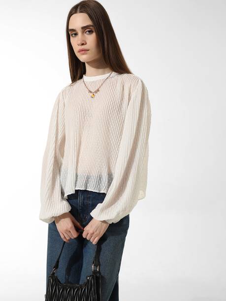 Casual Puff Sleeves Self Design Women White Top