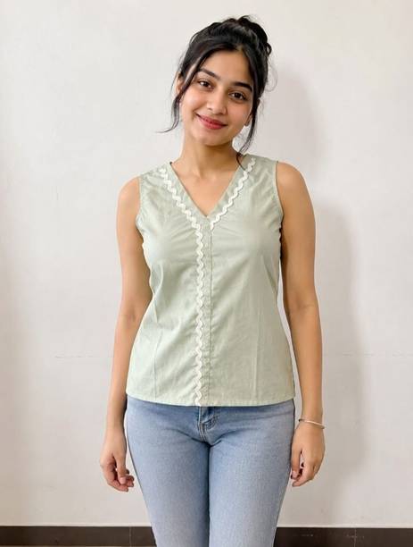Casual Sleeveless Embellished, Lace Women Light Green Top