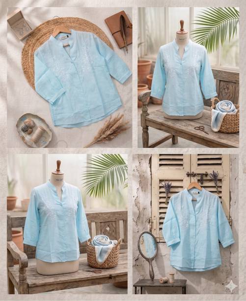 Casual Regular Sleeves Embroidered Women Light Blue Top