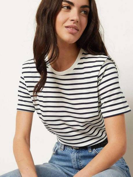 Casual Regular Sleeves Striped Women White, Black Top