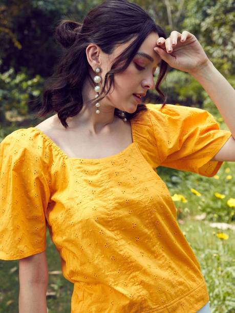 Casual Regular Sleeves Embroidered Women Yellow Top