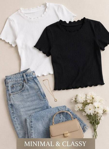 Pack of 2 Casual Cap Sleeves Self Design Women Black, W...