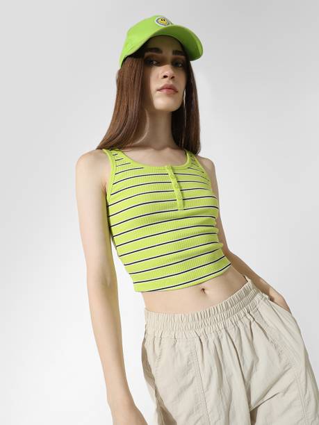 Casual Sleeveless Striped Women Light Green, Blue Top