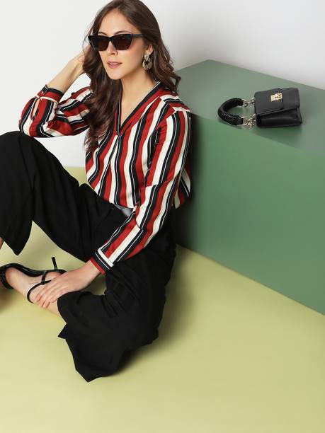 Casual Cuffed Sleeves Striped Women Red Top