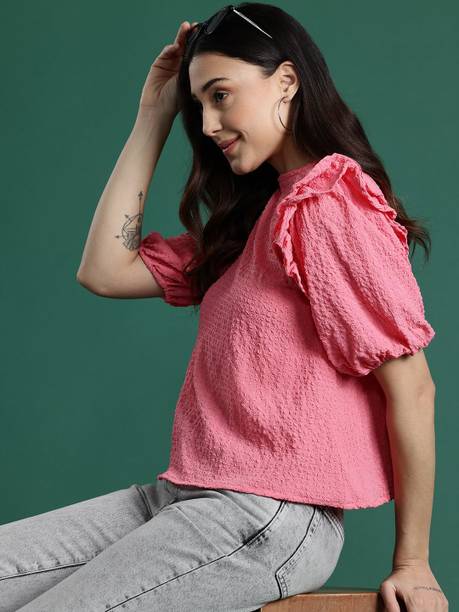 Casual Puff Sleeves Self Design Women Pink Top