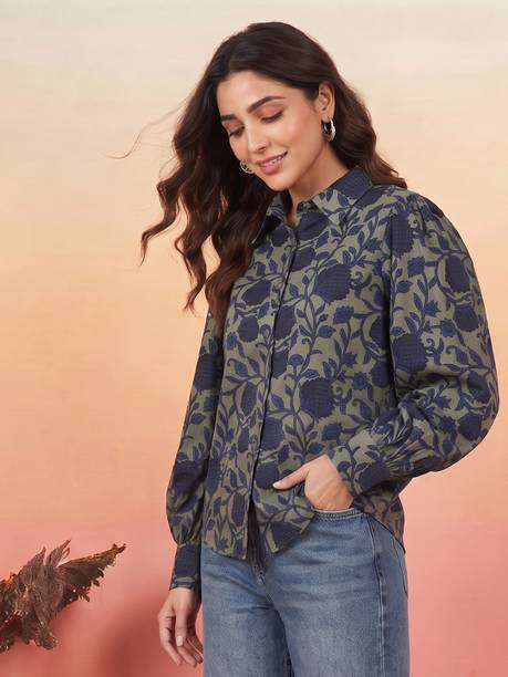 Casual Cuffed Sleeves Floral Print Women Green Top