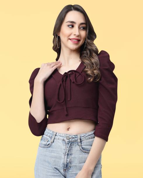 Casual Puff Sleeves Solid Women Maroon Top Price in India