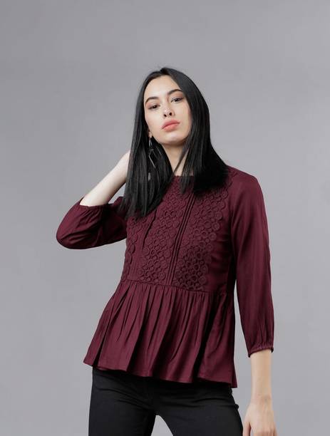 Casual Regular Sleeves Solid Women Maroon Top
