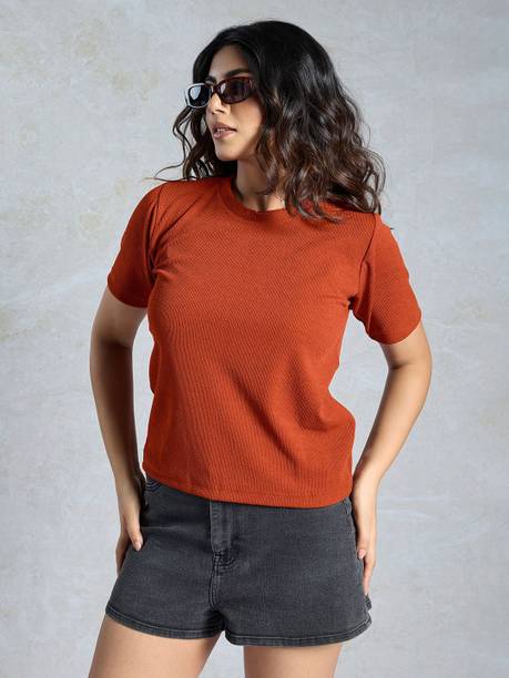 Casual Regular Sleeves Solid Women Orange Top