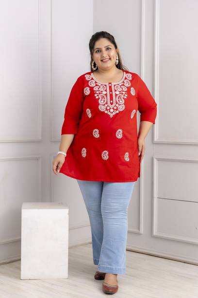 Casual Regular Sleeves Embroidered Women Red Top