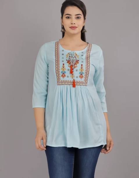 Party Regular Sleeves Embroidered Women Light Blue Top