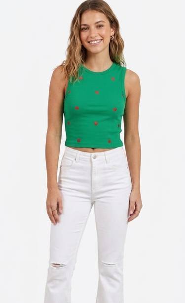 Casual Sleeveless Striped Women Green Top