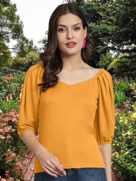 Casual Puff Sleeves Solid Women Yellow Top