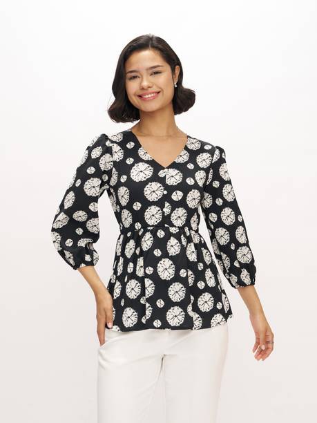 AASK Casual Puff Sleeves Floral Print Women Black Top