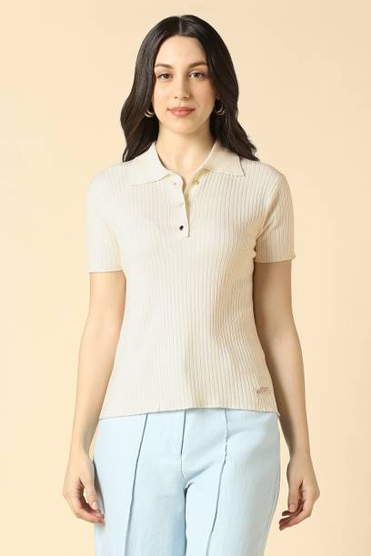 Women Solid Polo Neck Viscose Rayon Beige T-Shirt