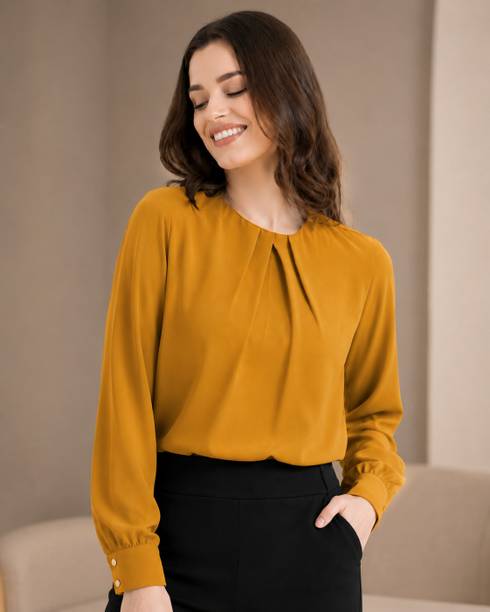 Casual Cuffed Sleeves Solid Women Yellow Top