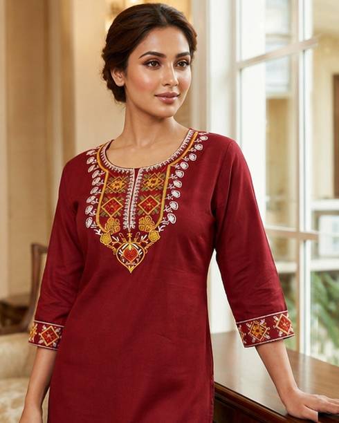 Casual Regular Sleeves Embroidered Women Maroon Top