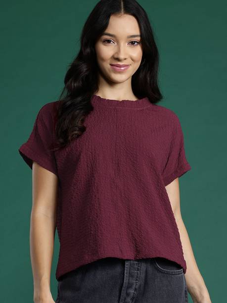 Casual Extended Sleeves Self Design Women Maroon Top