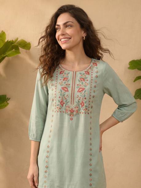 Casual Balloon Sleeve Embroidered Women Green Top