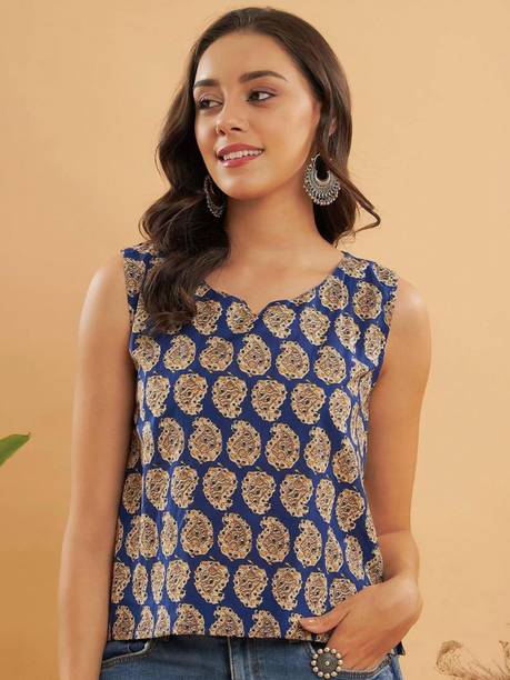 Formal Sleeveless Printed Women Blue Top