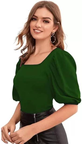 Casual Puff Sleeves Solid Women Dark Green Top Price in India