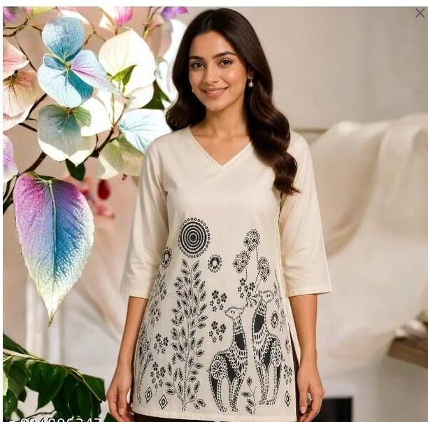 Casual Cutout Printed, Ethnic Motifs, Tribal Women Beige, Black, White Top