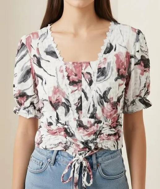 Casual Puff Sleeves Floral Print, Printed Women White Top