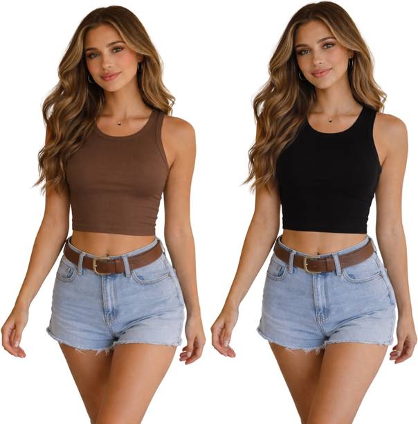 Pack of 2 Casual Sleeveless Striped Women Black, Brown Top