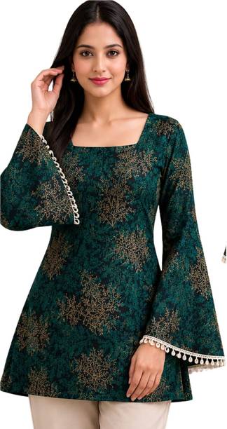 Party Flared Sleeves Printed, Embellished Women Green, Gold Top