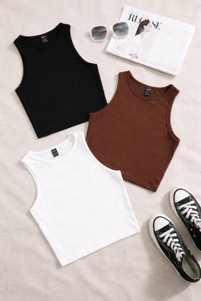 Pack of 3 Casual Sleeveless Solid Women Black, Brown, White Top