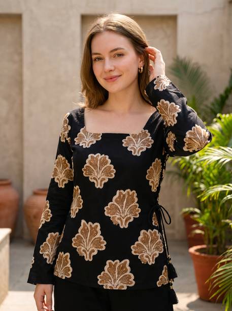 Casual Regular Sleeves Printed, Ethnic Motifs Women Black, Brown Top