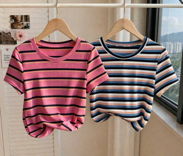 Casual Cape Sleeves Striped Women Multicolor Top