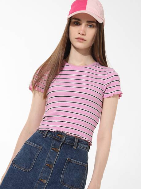 Casual Regular Sleeves Striped Women Pink, White, Black Top