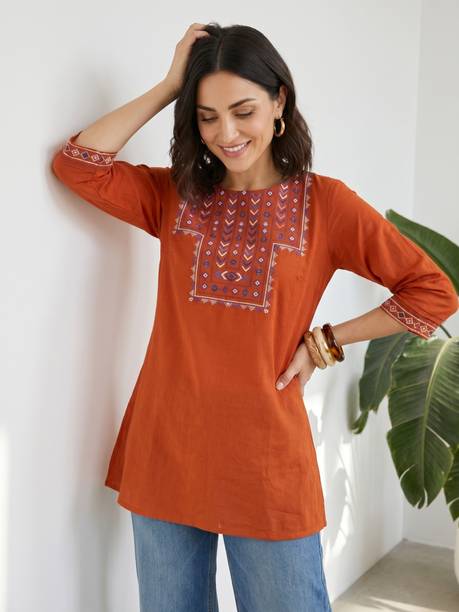 Casual Regular Sleeves Embroidered Women Brown Top