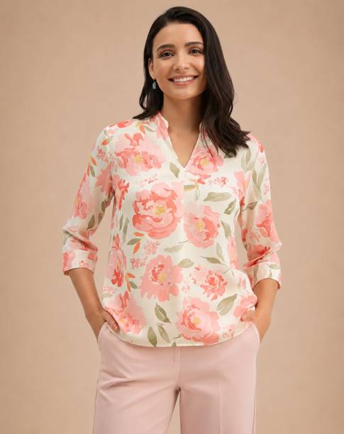 Casual Cuffed Sleeves Floral Print Women Multicolor Top