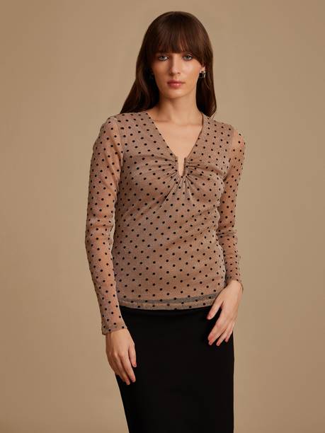 Party Regular Sleeves Self Design Women Beige Top