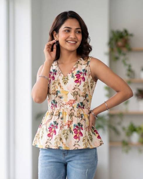 Casual Sleeveless Floral Print, Printed Women Multicolor Top