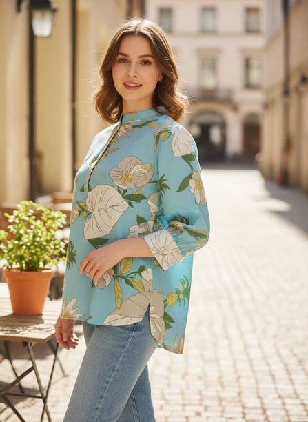 Casual Regular Sleeves Floral Print Women Light Blue Top
