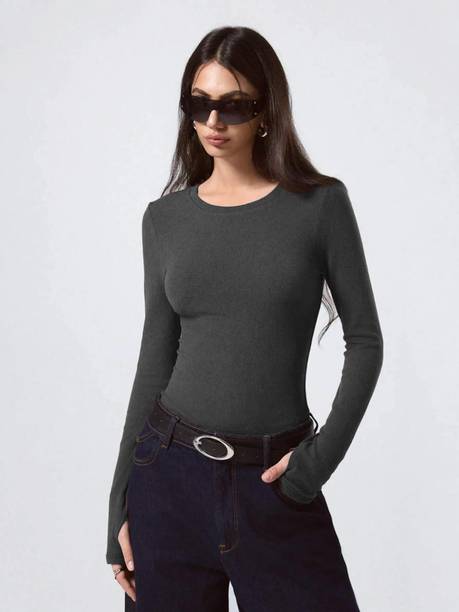 KOTTY Casual Regular Sleeves Self Design Women Grey Top