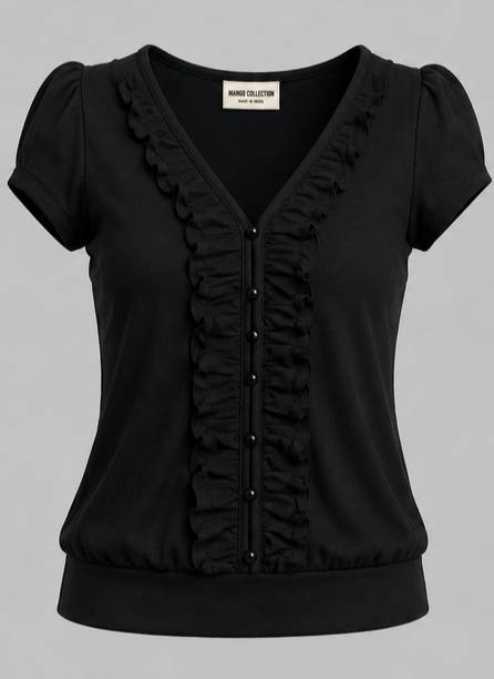 Casual Puff Sleeves Embellished Women Black Top